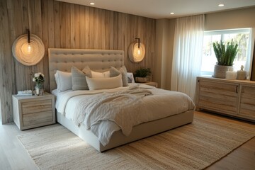 A cozy bedroom featuring neutral tones, stylish decor, and natural light.