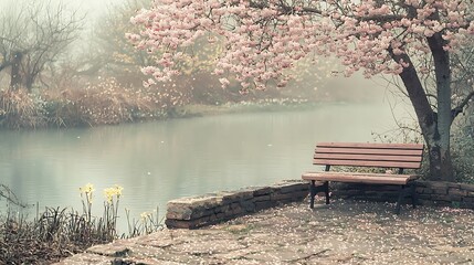 Obraz premium A misty lake reflects the soft pink of cherry blossoms near a tranquil spring bench.