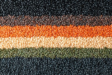 Colorful arrangement of various of lentils on horizontal rows