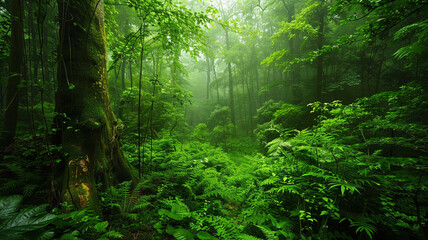Obraz premium a lush forest with vibrant green foliage and a sense of life and vitality