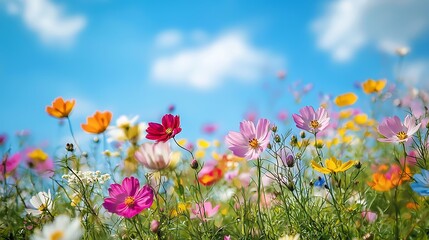 Obraz premium Cosmos flowers bloom in vibrant hues beneath a clear blue sky.