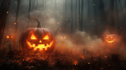 Naklejka premium Halloween invitation featuring creepy jack-o'-lanterns and ghostly mist in a dark forest.