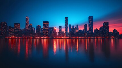 Fototapeta premium The city skyline reflects at dusk, glowing against a fiery red sky.