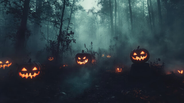 Halloween invitation featuring creepy jack-o'-lanterns and ghostly mist in a dark forest.