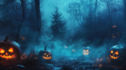 Halloween invitation featuring creepy jack-o'-lanterns and ghostly mist in a dark forest.