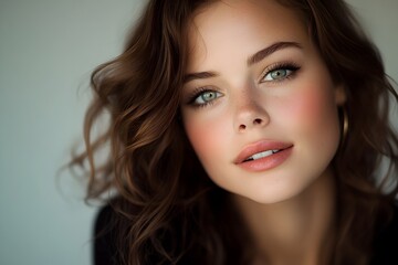 Naklejka premium Alluring Brunette Beauty with Striking Green Eyes in Glamorous Photoshoot