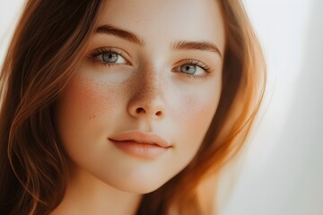 Naklejka premium Serene and Confident Young Woman with Thoughtful Gaze in Natural Lighting