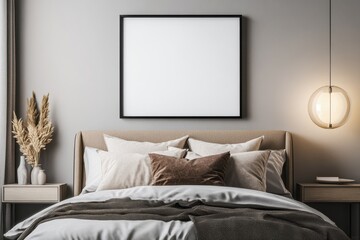A cozy bedroom with neutral tones, decorative pillows, and minimalistic decor.