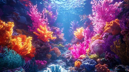 A lively coral reef scene comes alive with sunbeams shining through the water.