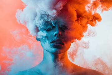A Woman's Face Partially Obscured by Swirling Orange and Blue Smoke