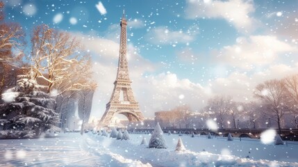 The Eiffel Tower, transformed into a winter wonderland by a blanket of snow, stands as a symbol of timeless elegance and seasonal beauty.