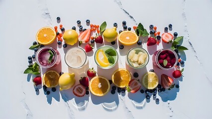 Fototapeta premium Full frame of arranged detox drinks, fruits and berries isolated on white