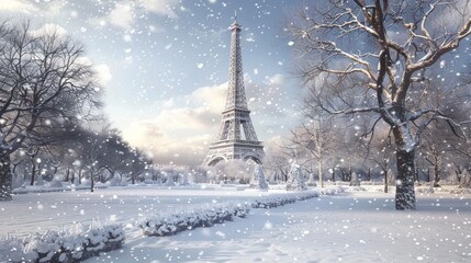 The Eiffel Tower, transformed into a winter wonderland by a blanket of snow, stands as a symbol of timeless elegance and seasonal beauty.