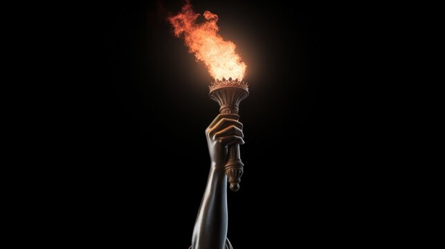The Statue of Liberty's hand holding the torch high, illuminated by a spotlight