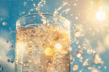 A close-up of a sparkling drink in a glass, capturing bubbles and sun rays for a refreshing, vibrant atmosphere.