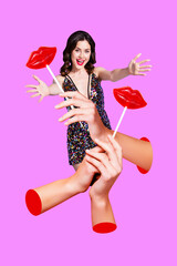 Vertical poster collage young lady 3d hands hold lollipop candy dessert kiss pomade lipstick sugary meal drawing background