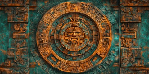 Obraz premium Ancient Wisdom Meets Modern Design: Aztec Calendar Inspired Abstract Art. Vibrant Watercolor Texture in Red and Blue for Cultural Marketing, T-Shirt Prints, and 2025 Spiritual Concepts. Minimalist Com