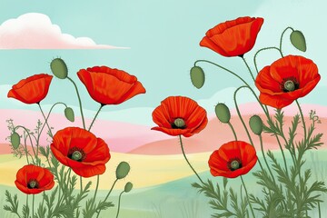 Fototapeta premium Stunning Scarlet Poppies Against a Soothing Pastel Landscape Illustration