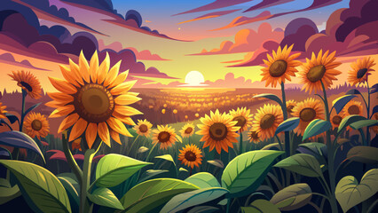 sunflower field during the sunset, amazing lights , pleasure moment