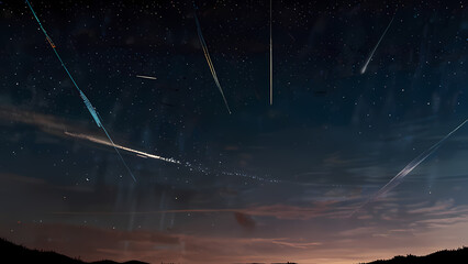  Abstract background illustrating multiple meteors falling towards a horizon