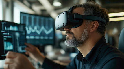 A middle-aged man using VR goggles in a modern office, intensely engaged with data analysis displayed on multiple screens. The scene is highly technological, focused, and dynamic.