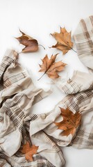Autumn Leaves and Plaid Fabric on a White Background