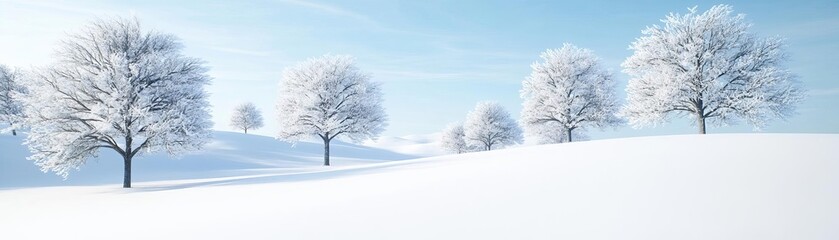 Snow-covered trees in the morning light, fresh snow sparkling under the rising sun, peaceful winter dawn
