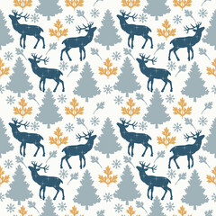 Deer seamless pattern silhouette style with trees and snowflakes