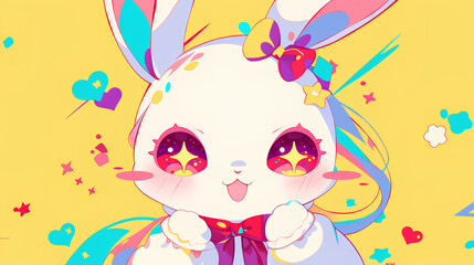 cute rabbit character wearing anime onesie costume, anime style, cute kawaii, simple, smiling happy. neon psychedelic background