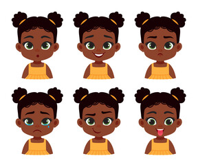 Baby-girl's emotions - set. Cute beautiful black-skinned girl smiling, angry, sad. Vector illustration