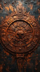 Obraz premium Ancient Wisdom Meets Modern Design: Aztec Calendar Inspired Abstract Art. Vibrant Watercolor Texture in Red and Blue for Cultural Marketing, T-Shirt Prints, and 2025 Spiritual Concepts. Minimalist Com