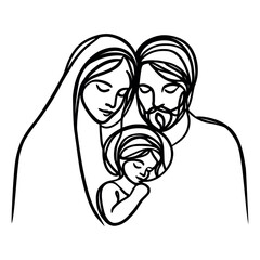 Biblical stories, Joseph and virgin Mary with Jesus Christ in her arms. Vector illustration, continuous one line drawing