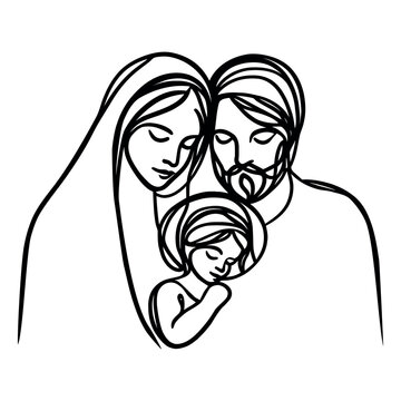 recommend clip art: Biblical stories, Joseph and virgin Mary with Jesus Christ in her arms. Vector illustration, continuous one line drawing