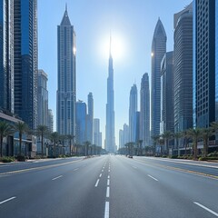 Fototapeta premium Pristine Empty Road Through Modern Cityscape at Morning Light