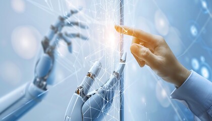 Human Hand Interacting with a Robotic Arm on a Digital Interface