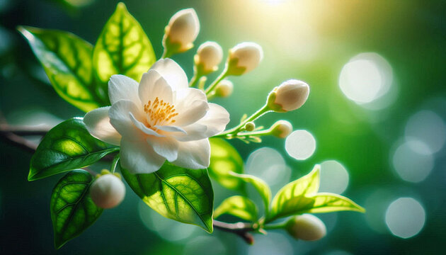 beautiful jasmine white flower blooming on plant,in india known as mogra,jui,chameli,mallika,jai,it is national flower of philippines where it is known as sampaguita in blur background