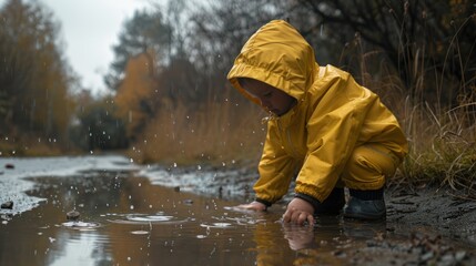 Small boy in yellow raincoat playing in puddles
