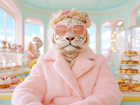 A stylish anthropomorphic tiger wearing pink sunglasses and a fluffy coat, sitting in a pastel-colored bakery. A blend of whimsical fashion and surrealism.