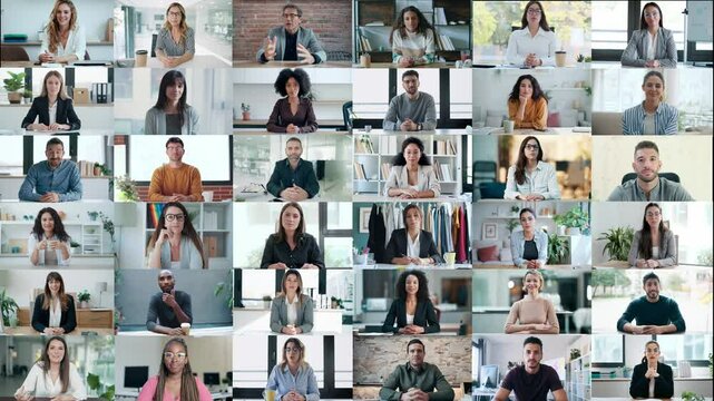 Video of headshot screen application view of diverse employees doing a video call while talking in video conference. 
