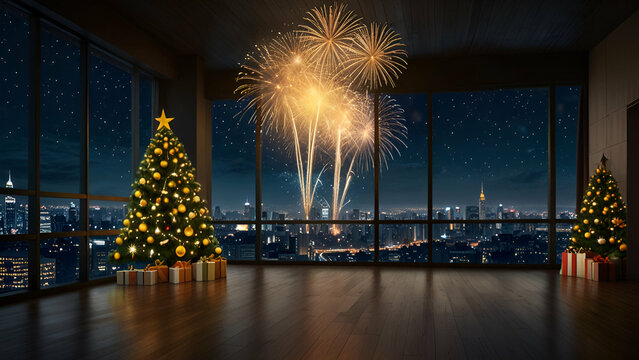 Modern interior with vibrant yellow Christmas and New Year fireworks illuminating the night sky outside