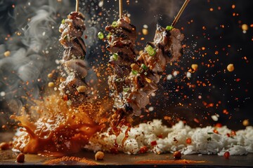 Delicious skewers of grilled meat splashed with sauce, served with rice, creating a mouthwatering culinary experience.