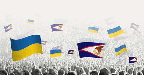People waving flag of American Samoa and Ukraine, symbolizing American Samoa solidarity for Ukraine.
