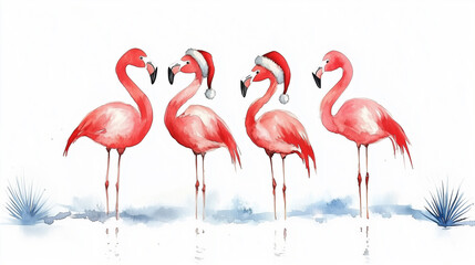 Obraz premium Four watercolor flamingos on a white background. Two flamingos are wearing Santa Claus hats. A tropical new Year.