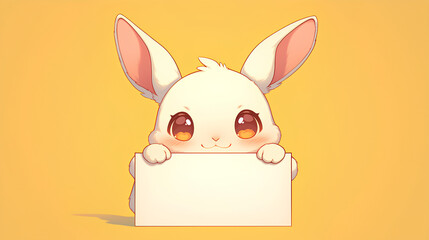 cute rabbit holding up a blank sign, colorful cartoon character, empty banner,, anime style, cute kawaii, simple, smiling happy. isolated background