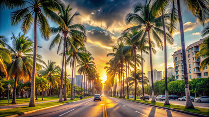 Driving down a picturesque boulevard adorned with tall palm trees, the warm golden light of sunset casts a beautiful glow over the city skyline and tranquil surroundings