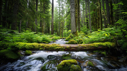 a serene forest with a mossy log crossing a bubbling brook