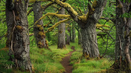 Naklejka premium a serene forest with a narrow trail leading through a grove of ancient trees
