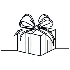 Gift box with ribbon bow,continuous line drawing. Vector isolated on white.