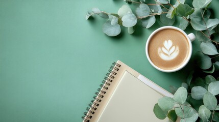 Serene Workspace: Minimalist Flat Lay with Coffee Cup, Eucalyptus, and Notebooks on Green Surface