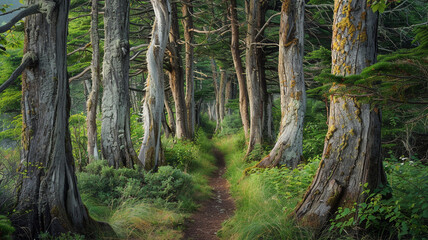Fototapeta premium a serene forest with a narrow trail leading through a grove of ancient trees